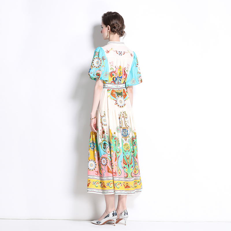 Retro lapel long dress cotton linen printing dress