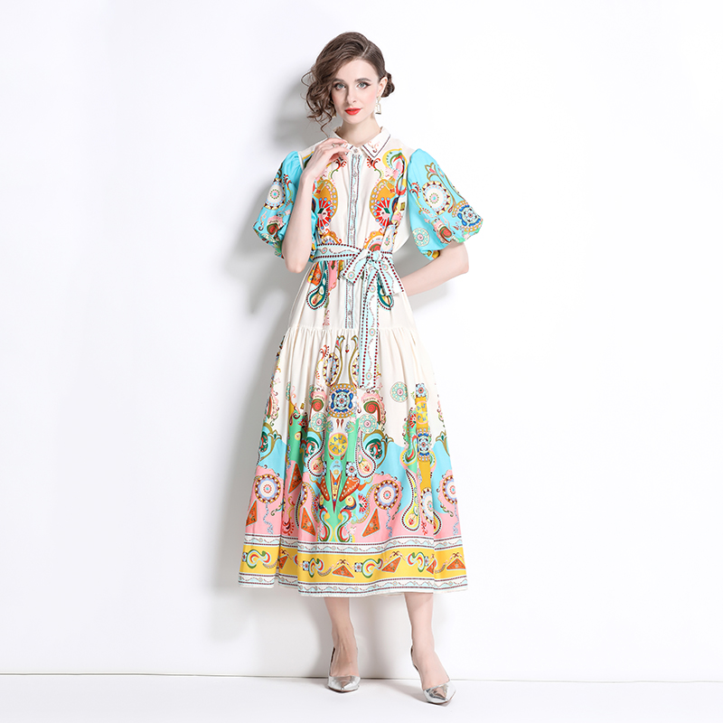 Retro lapel long dress cotton linen printing dress