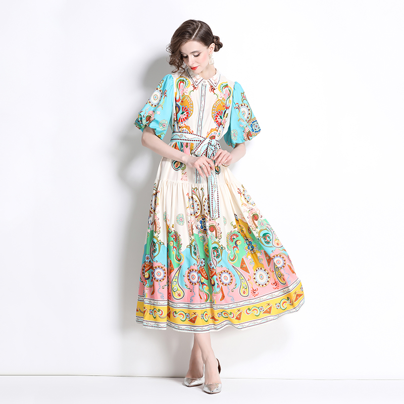 Retro lapel long dress cotton linen printing dress