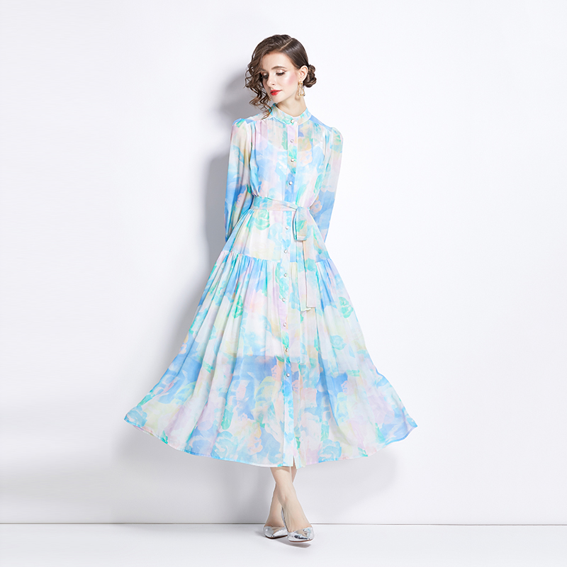 Spring and autumn long dress cstand collar dress