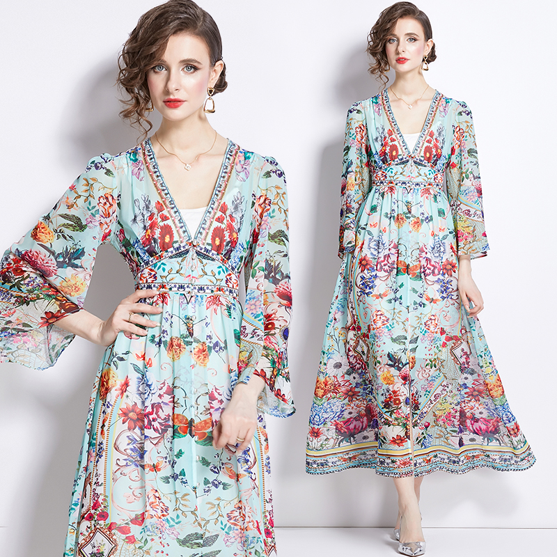 Printing temperament spring and summer V-neck dress 2pcs set