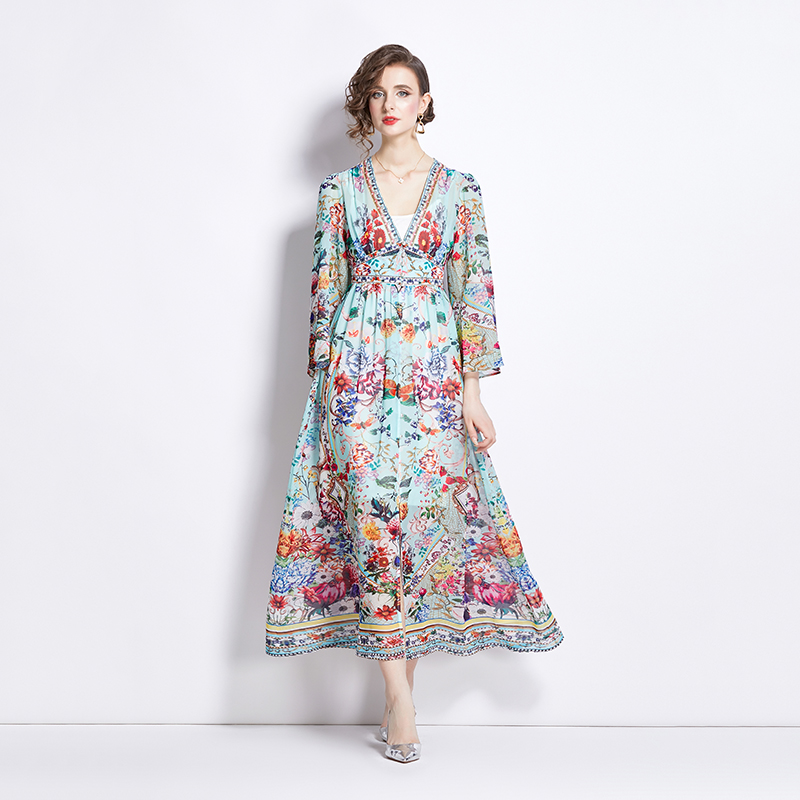 Printing temperament spring and summer V-neck dress 2pcs set