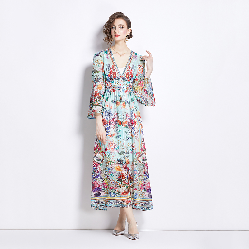 Printing temperament spring and summer V-neck dress 2pcs set