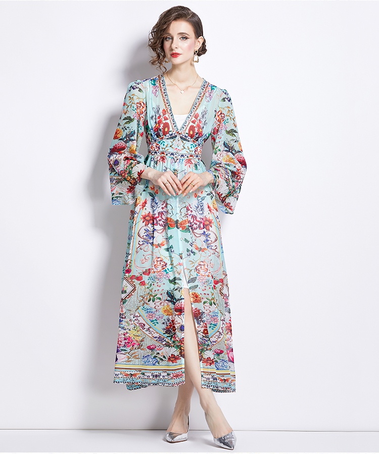 Printing temperament spring and summer V-neck dress 2pcs set