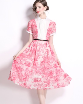 Ink printing and dyeing cstand collar big skirt dress