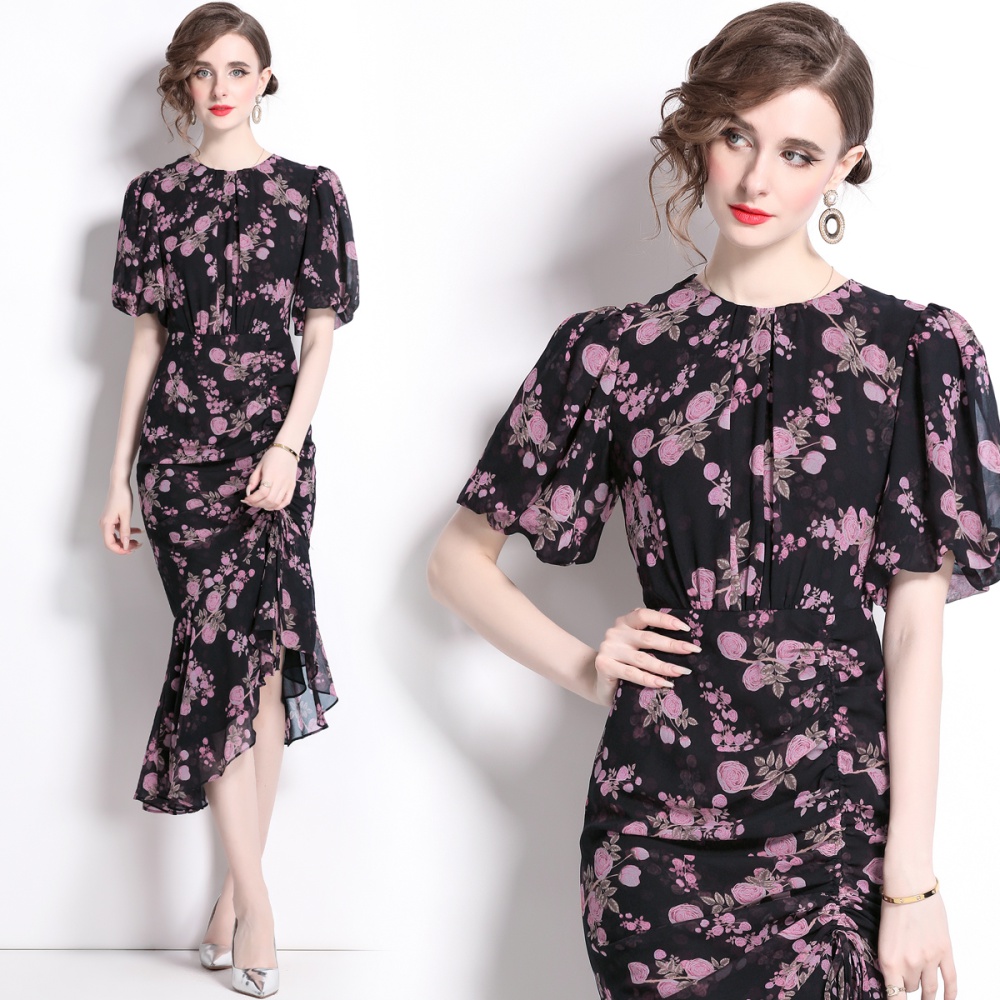 Floral lantern sleeve mermaid hem chouzhe dress