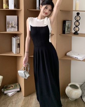 Bow summer A-line dress slim pinched waist vest for women