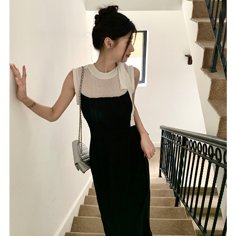 Bow summer A-line dress slim pinched waist vest for women