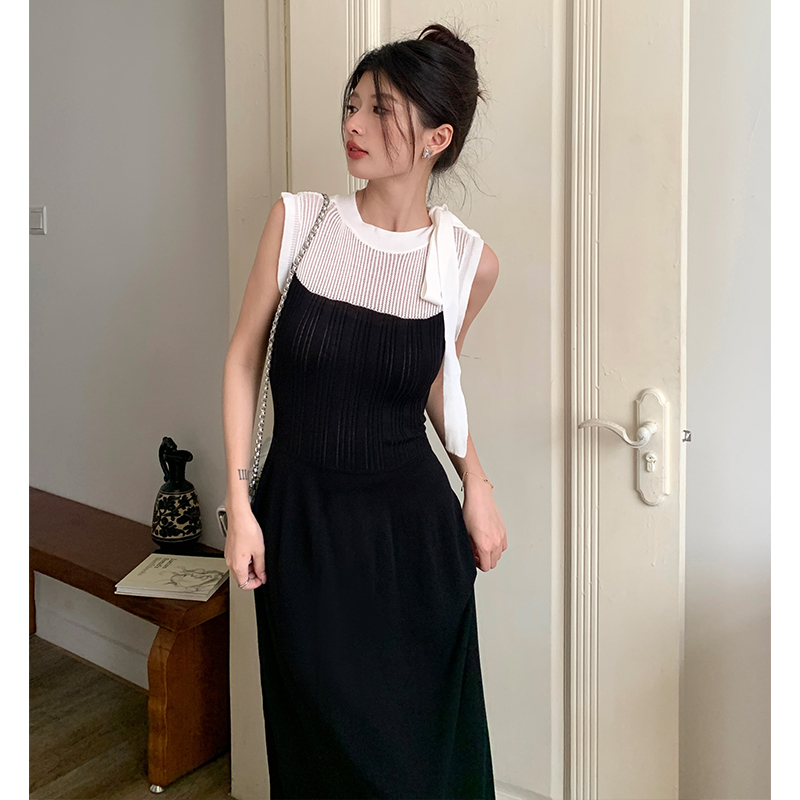 Bow summer A-line dress slim pinched waist vest for women