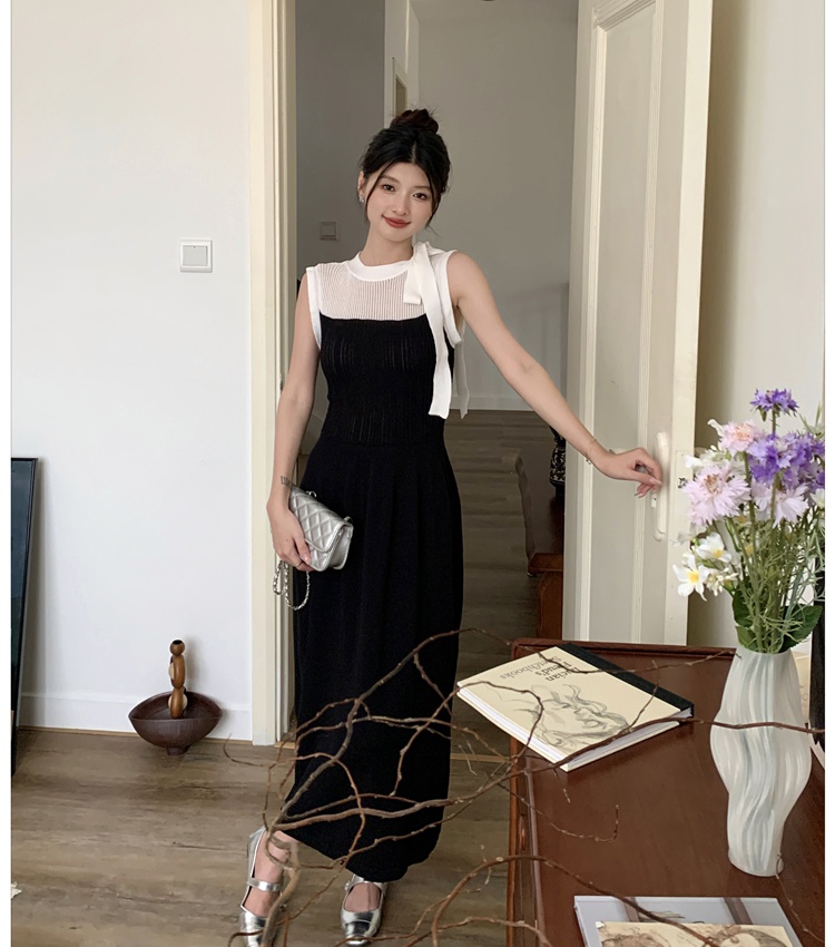 Bow summer A-line dress slim pinched waist vest for women