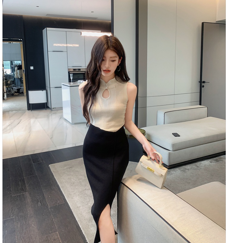 Split knitted Chinese style long dress package hip slim dress