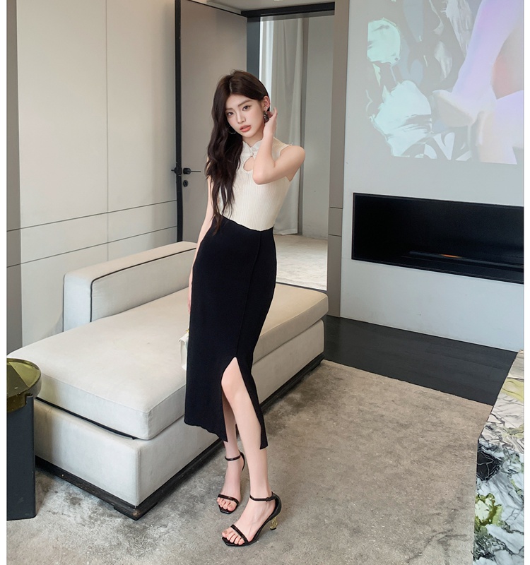 Split knitted Chinese style long dress package hip slim dress