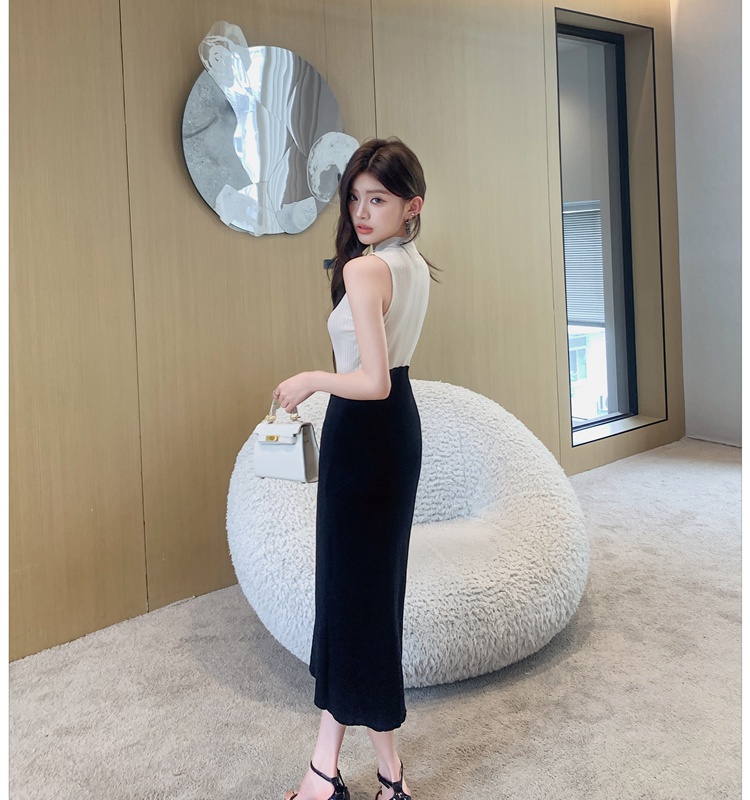 Split knitted Chinese style long dress package hip slim dress