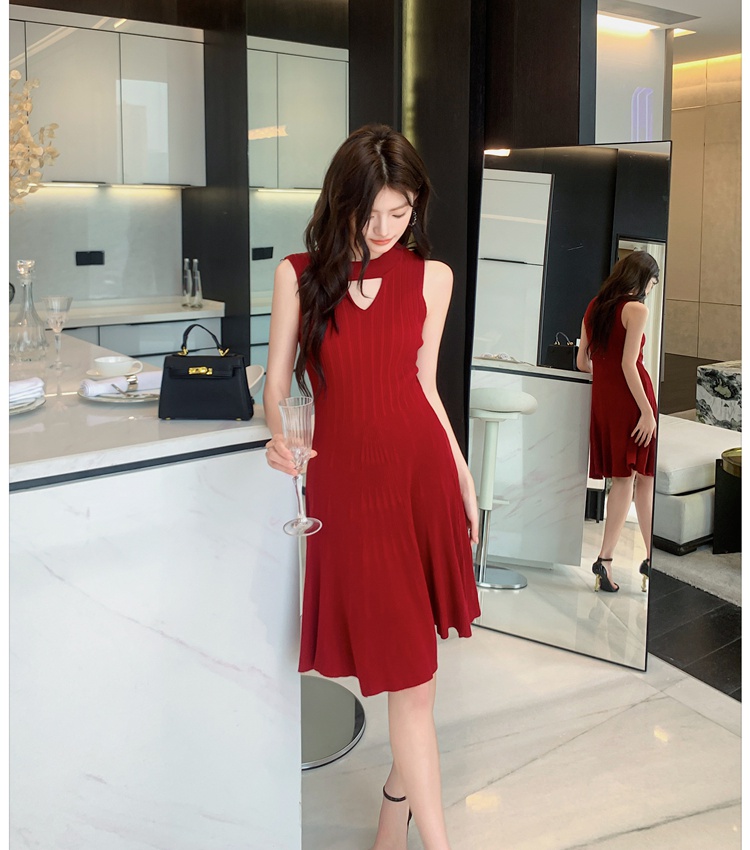 Hepburn style V-neck knitted dress slim small fellow T-back