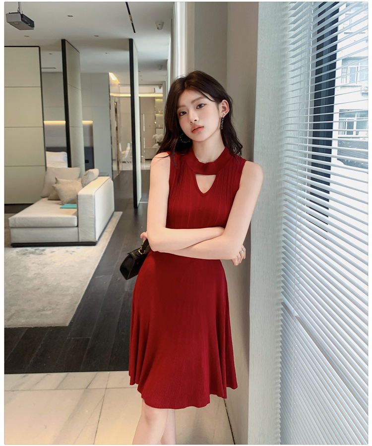 Hepburn style V-neck knitted dress slim small fellow T-back