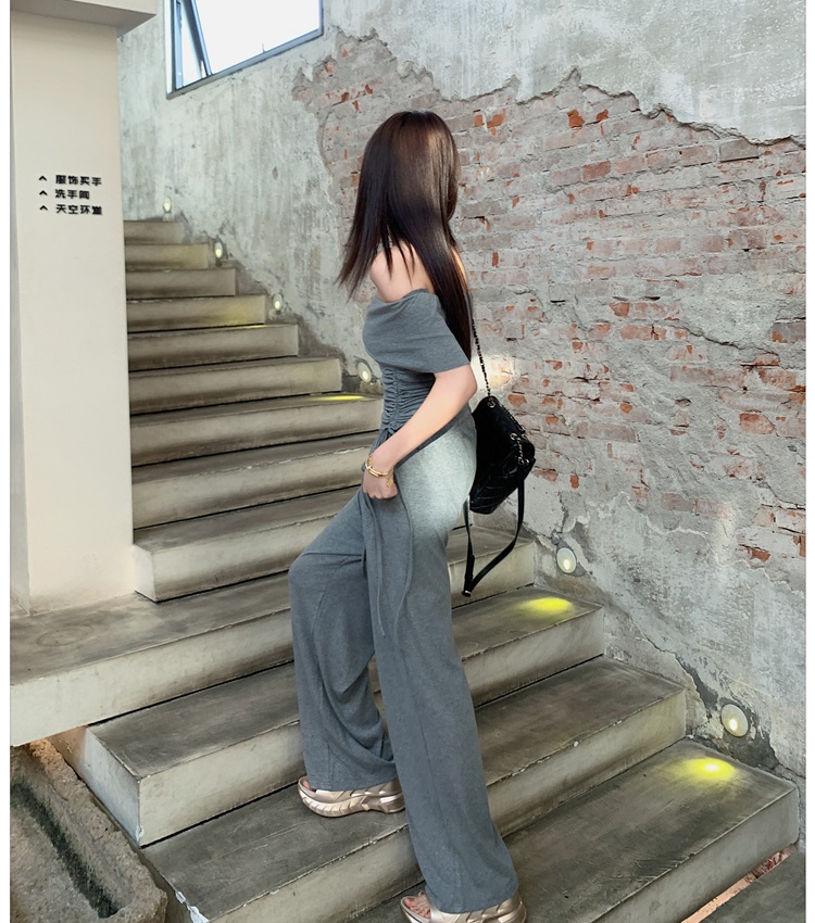 Flat shoulder wide leg pants tops 2pcs set for women