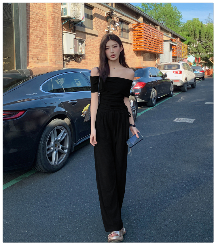 Flat shoulder wide leg pants tops 2pcs set for women