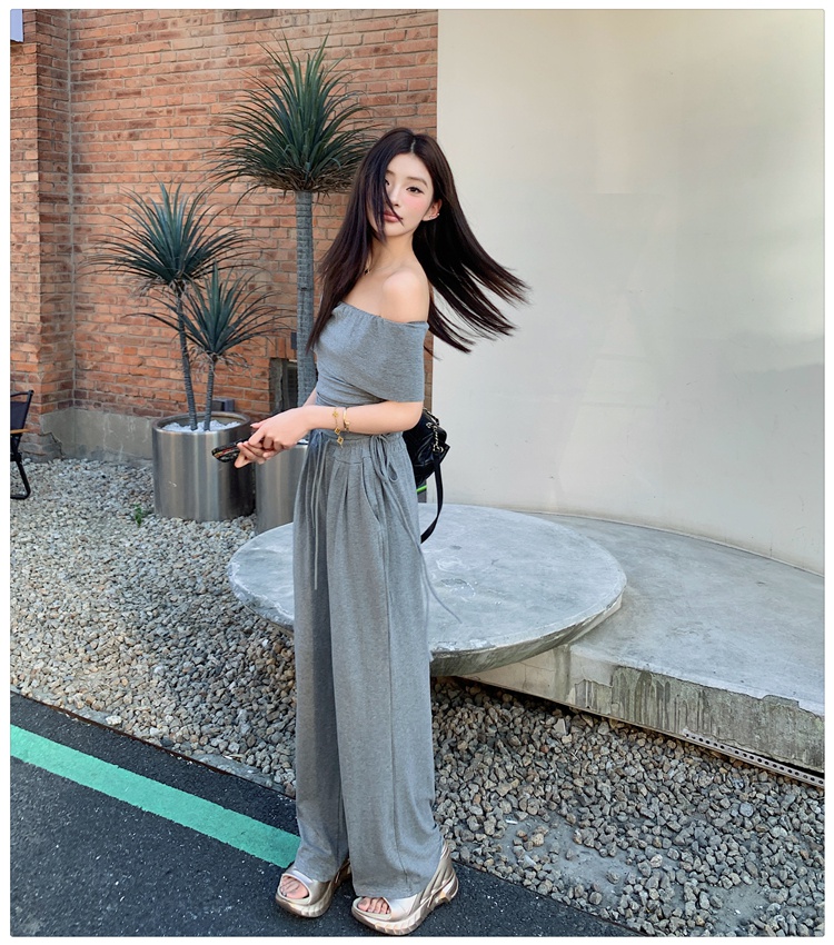 Flat shoulder wide leg pants tops 2pcs set for women