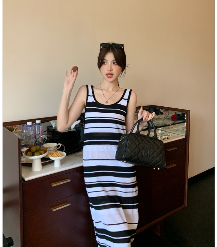 Stripe lazy long dress sleeveless knitted dress for women