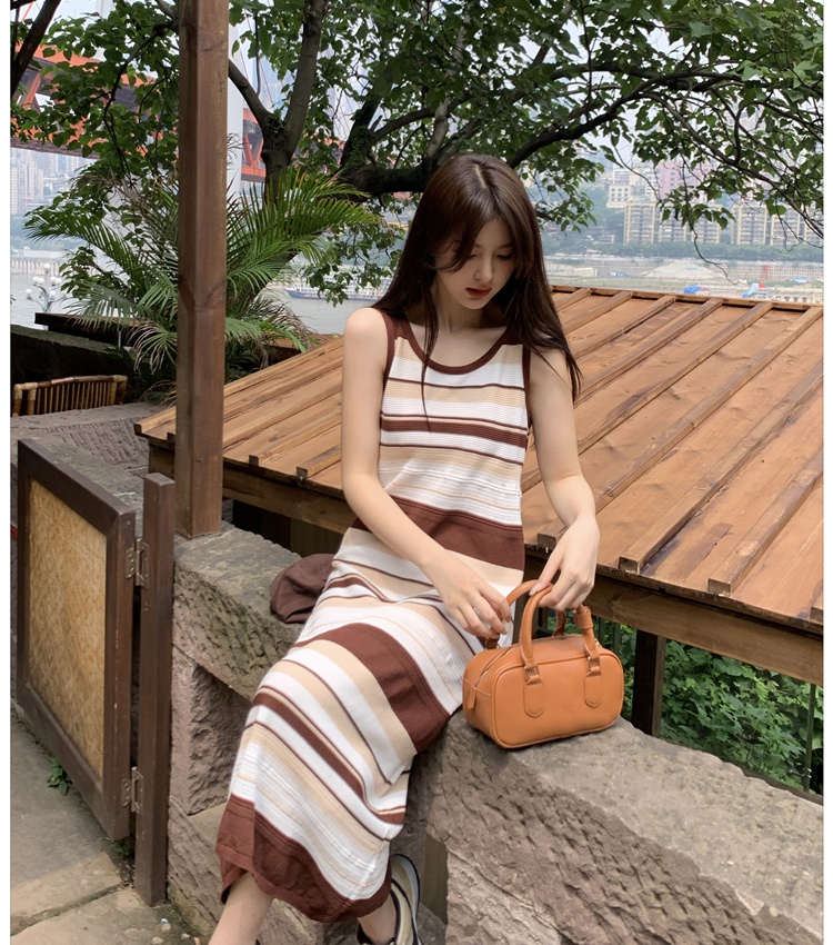 Stripe lazy long dress sleeveless knitted dress for women