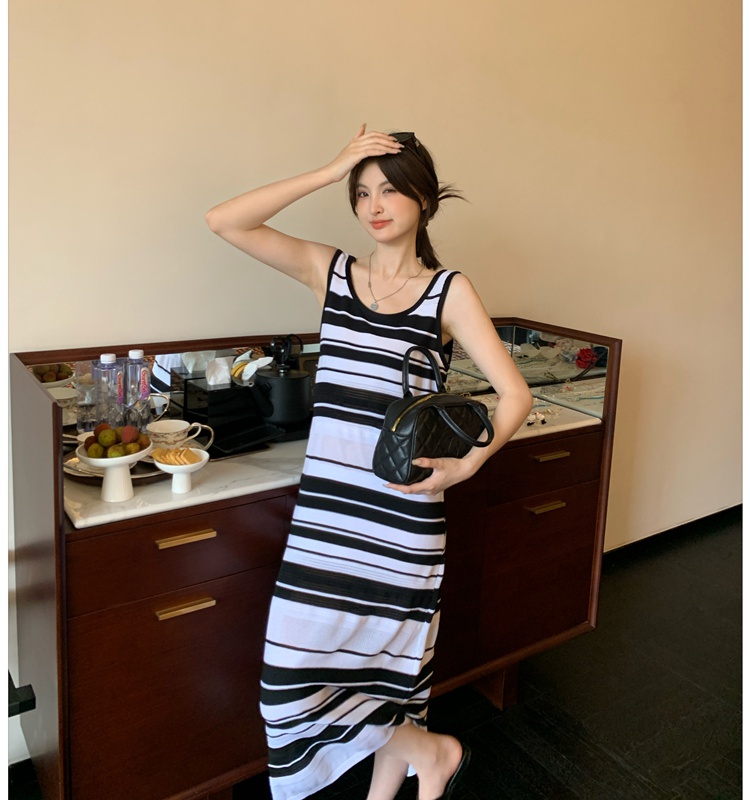 Stripe lazy long dress sleeveless knitted dress for women