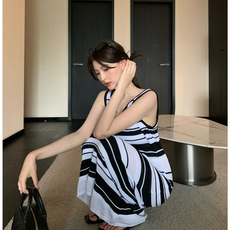 Stripe lazy long dress sleeveless knitted dress for women