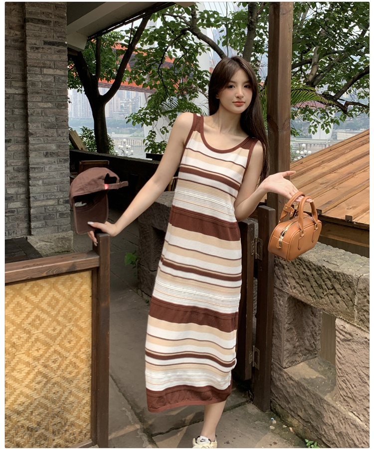 Stripe lazy long dress sleeveless knitted dress for women