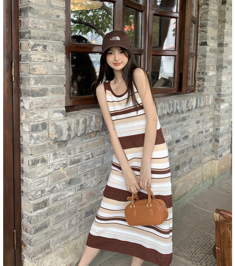 Stripe lazy long dress sleeveless knitted dress for women