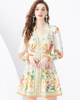 Pastoral style) printing mini lantern sleeve V-neck dress