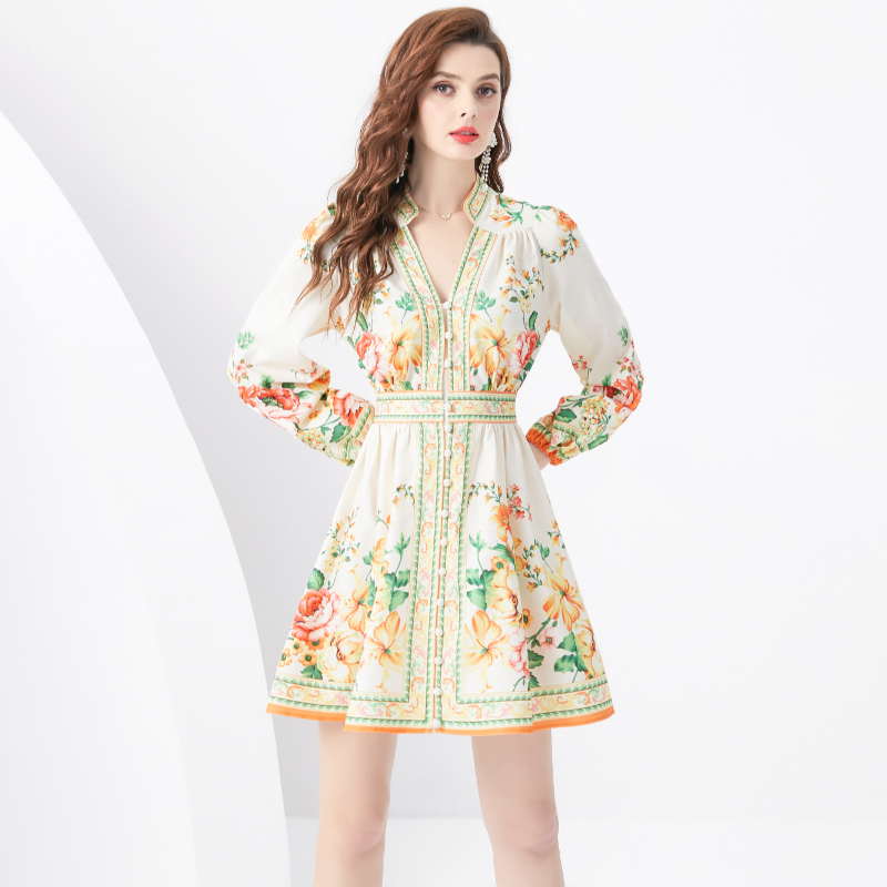 Pastoral style) printing mini lantern sleeve V-neck dress