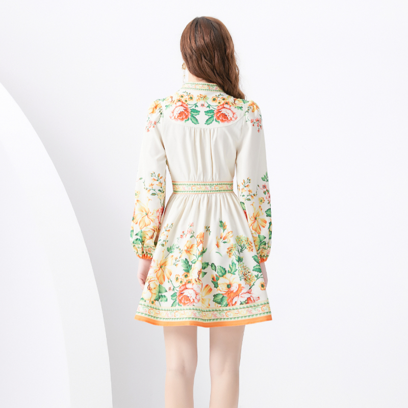 Pastoral style) printing mini lantern sleeve V-neck dress