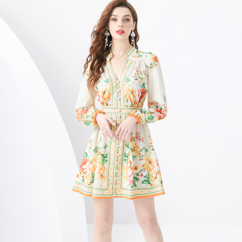 Pastoral style) printing mini lantern sleeve V-neck dress