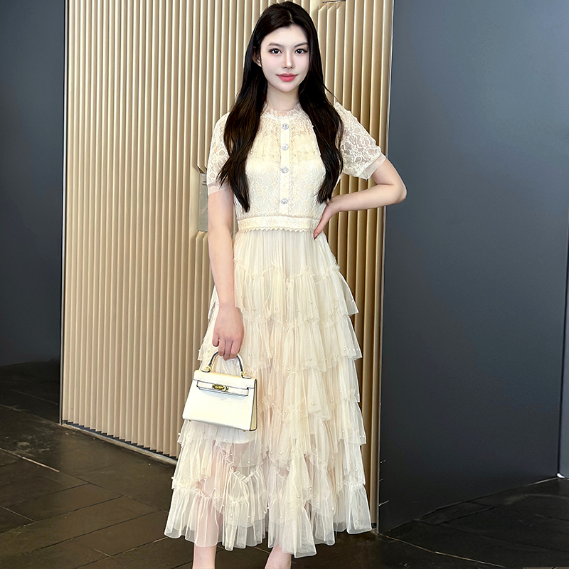 Gauze pinched waist temperament splice beading lady dress