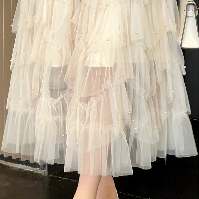 Gauze pinched waist temperament splice beading lady dress