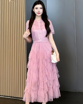 Lace splice temperament pinched waist gauze dress