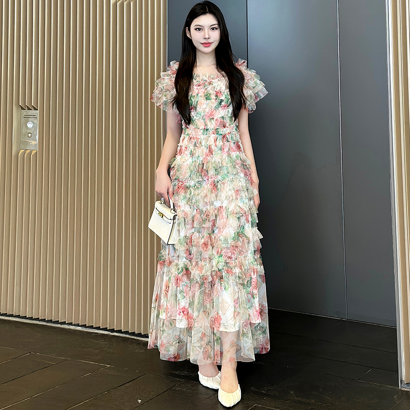 France style gauze temperament floral long dress