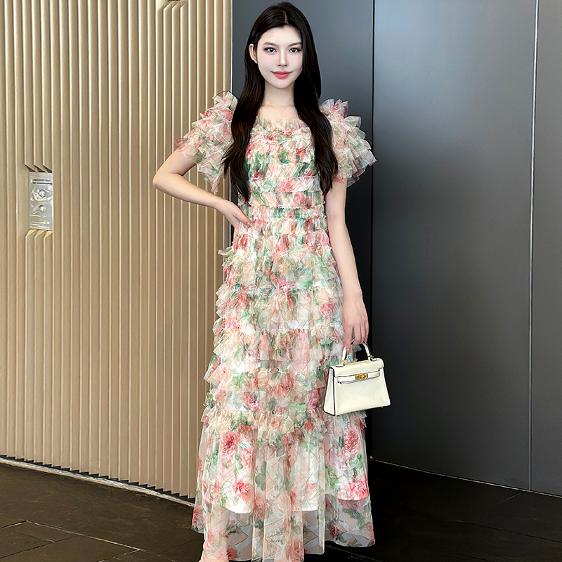 France style gauze temperament floral long dress