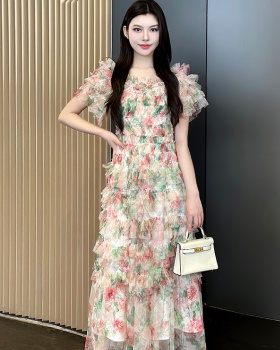 Temperament vacation floral France style long gauze dress