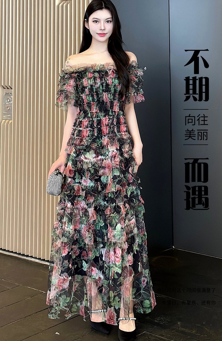 Temperament vacation floral France style long gauze dress