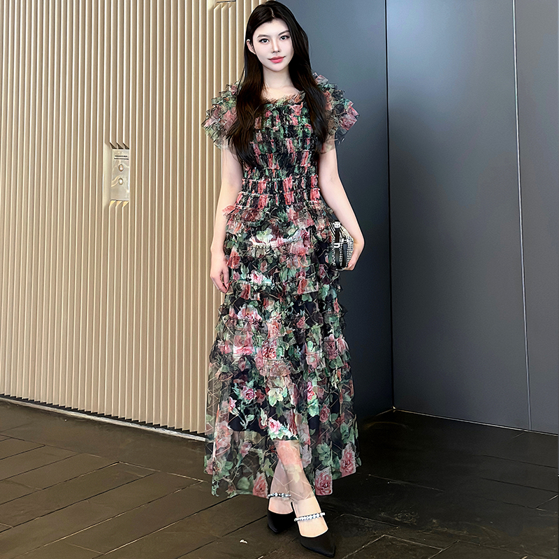 Temperament vacation floral France style long gauze dress