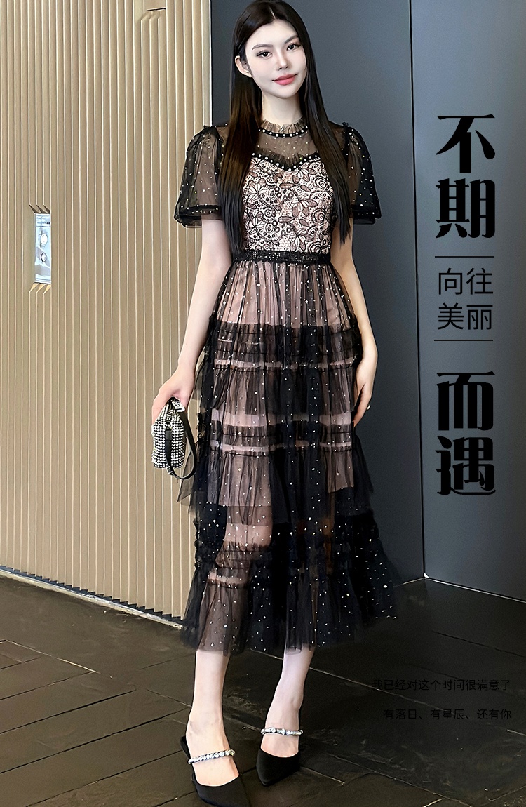 Temperament pinched waist diamond beading gauze dress