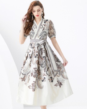 Lantern sleeve long frenum style printing dress