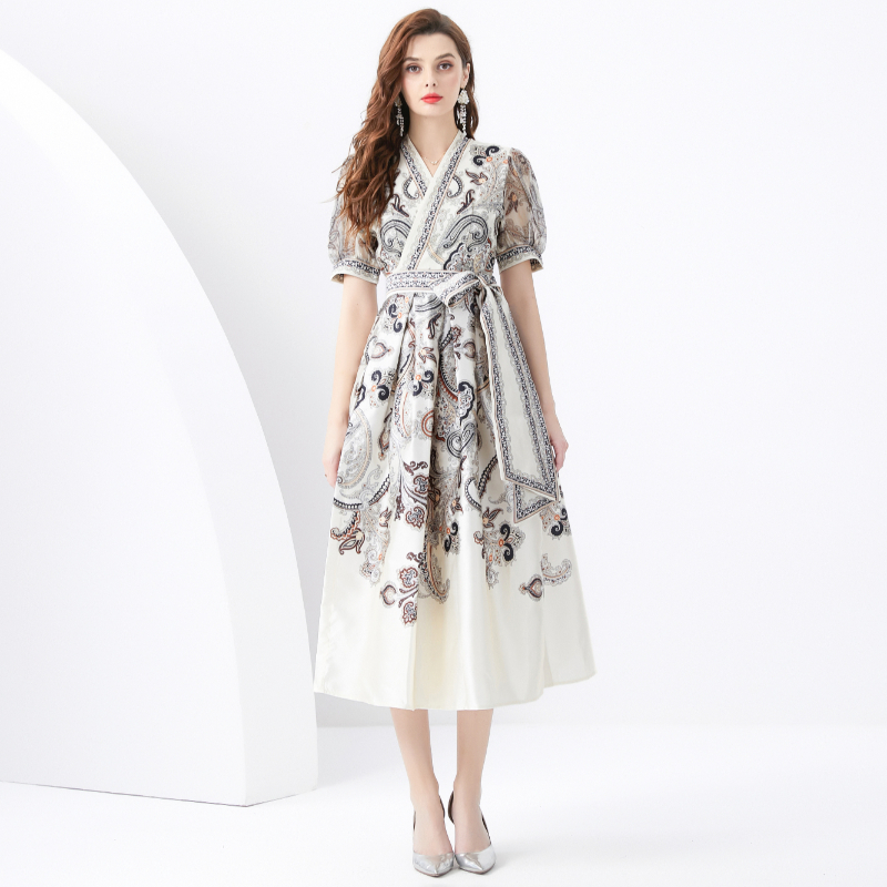 Lantern sleeve long frenum style printing dress