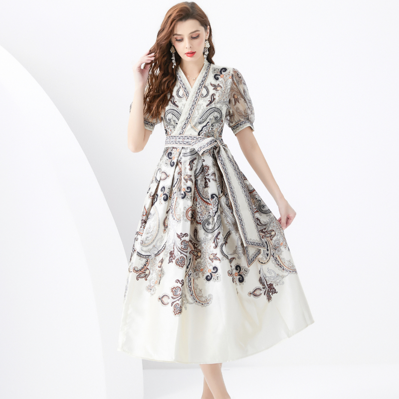 Lantern sleeve long frenum style printing dress