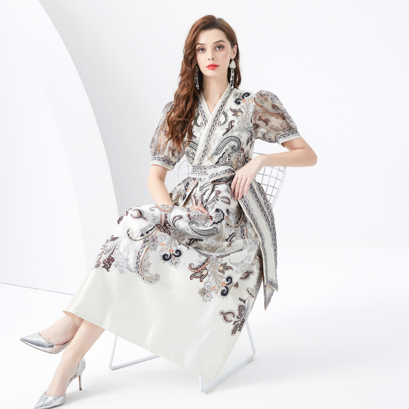 Lantern sleeve long frenum style printing dress