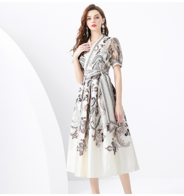 Lantern sleeve long frenum style printing dress