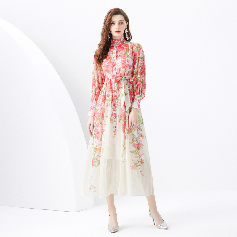 Wavy edge printing long pastoral style) dress 2pcs set