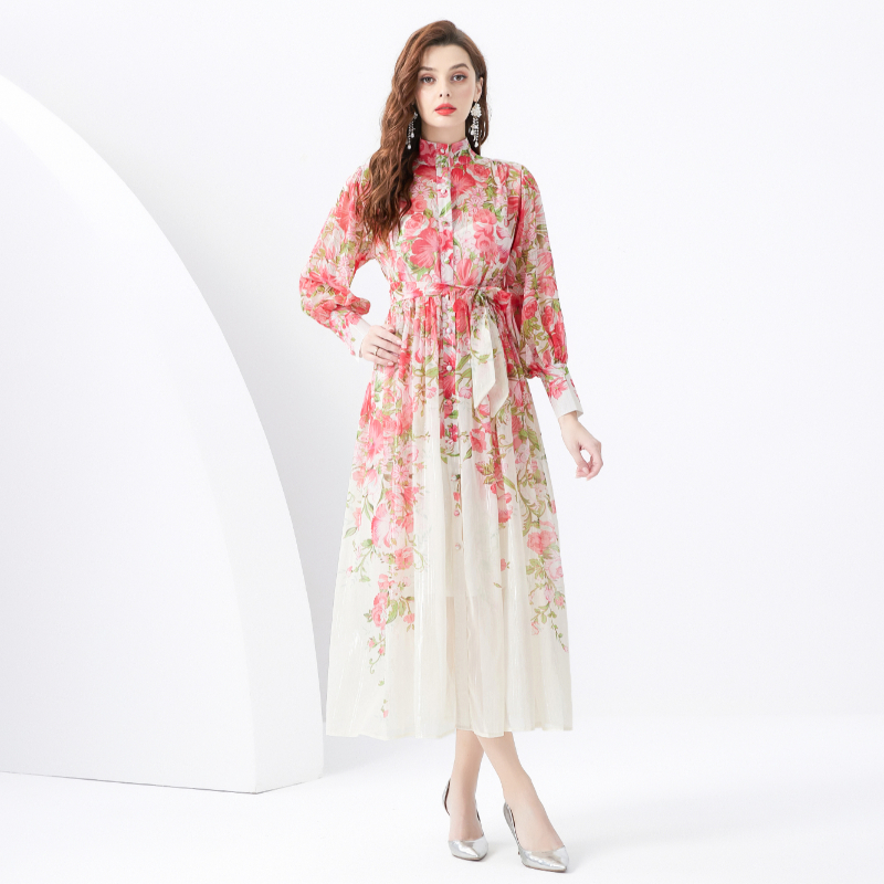 Wavy edge printing long pastoral style) dress 2pcs set