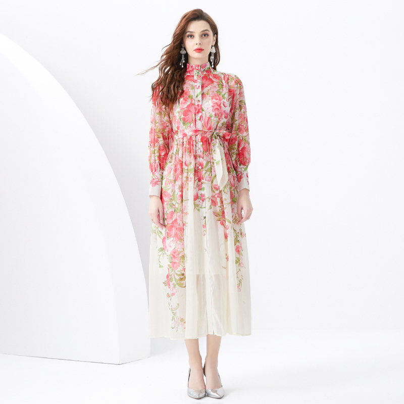 Wavy edge printing long pastoral style) dress 2pcs set