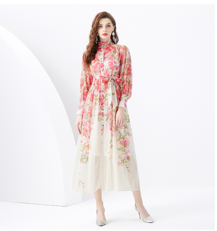 Wavy edge printing long pastoral style) dress 2pcs set